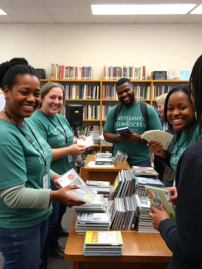 A picture of BANANAS RECORDS distributing musical works to local libraries and community centers, highlighting the organization's commitment to making music accessible to all.