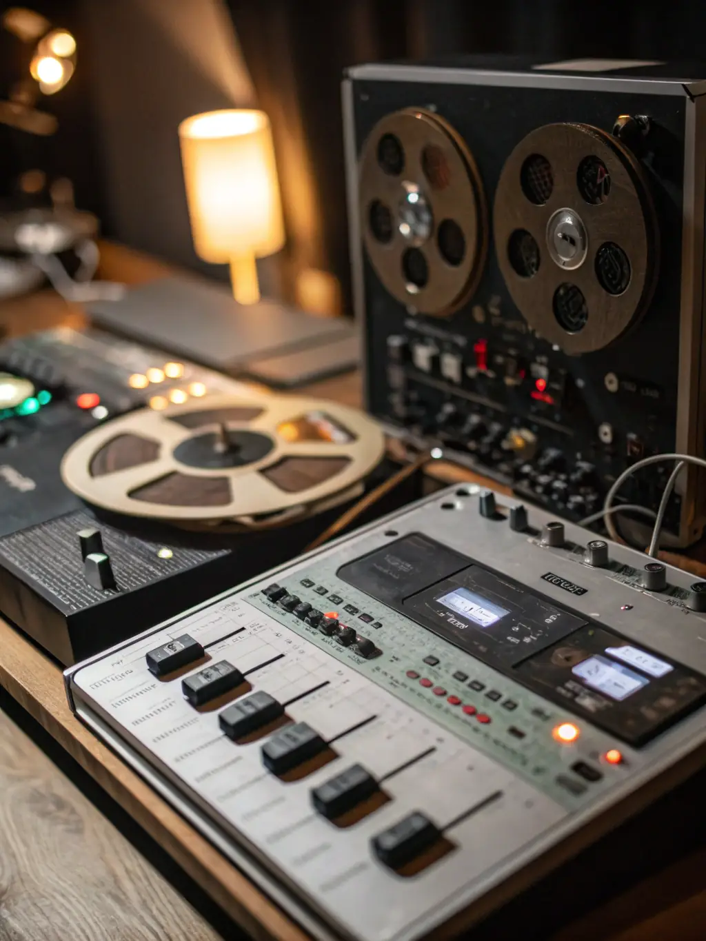 A photograph of a vintage microphone and recording equipment, symbolizing the classic era of music production, with a focus on the craftsmanship and timeless quality of analog sound, set in a dimly lit studio environment.
