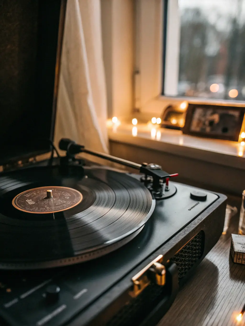A close-up shot of a vinyl record from the Premium Collection, emphasizing its high-quality packaging, pristine condition, and the rich, warm sound it delivers, placed on a vintage turntable to evoke nostalgia.