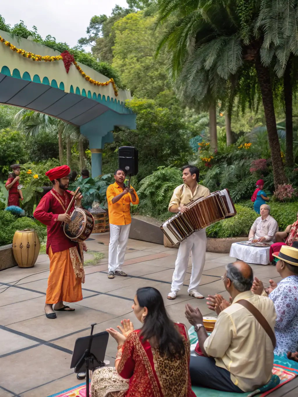 A diverse group of musicians from different cultural backgrounds performing together on stage, showcasing the organization's commitment to cultural diversity.