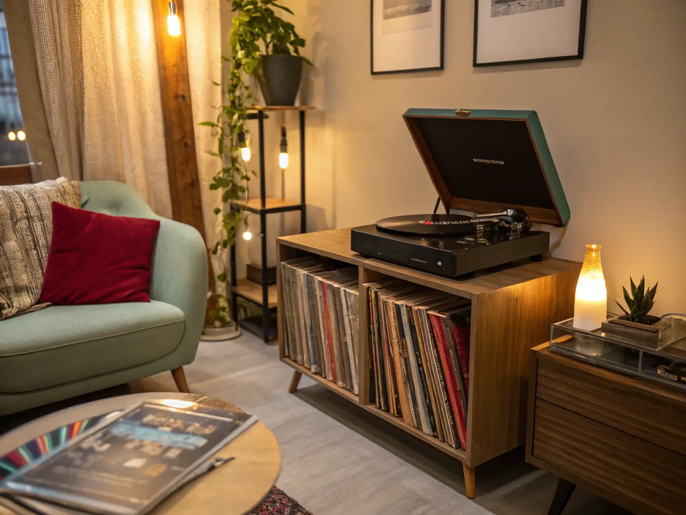 A stack of newly arrived vinyl records at BANANAS RECORDS, featuring a mix of genres and artists. The background is a bustling record store with customers browsing the shelves.
