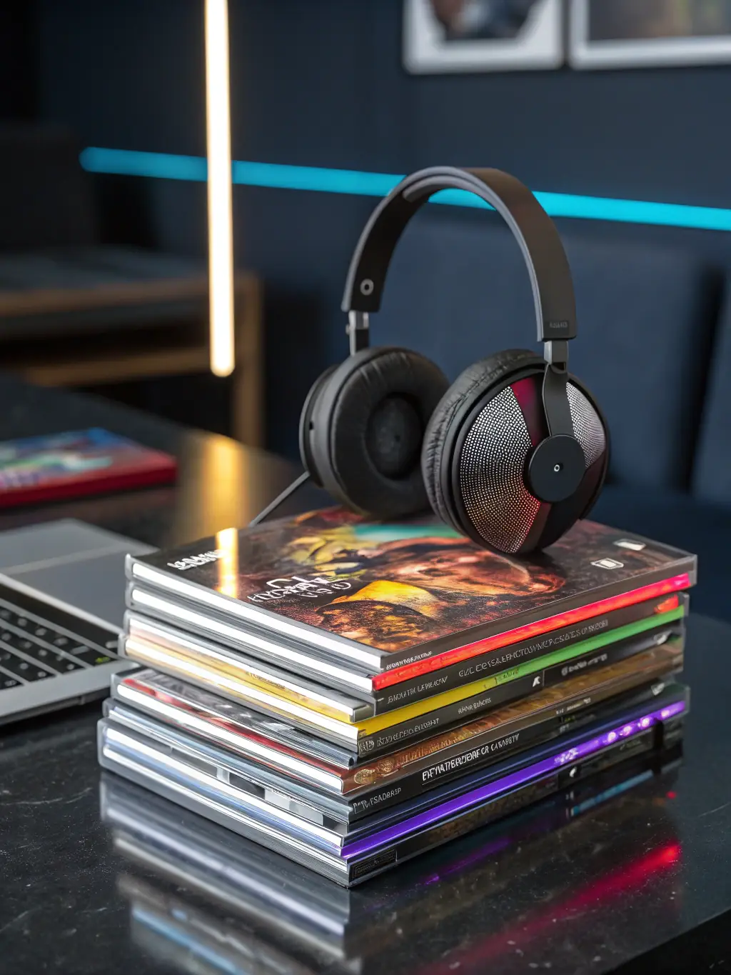 An eye-catching display of newly released albums and singles, featuring diverse genres and artists, arranged in a visually appealing manner with vibrant colors and dynamic compositions to capture the excitement of new music.