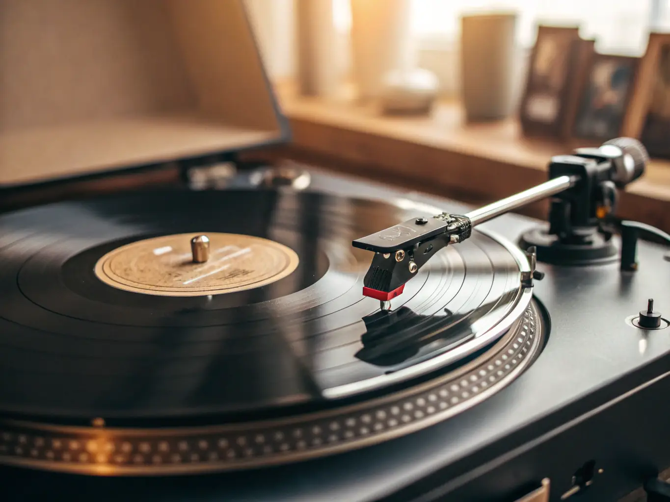 A vinyl record with a vibrant, colorful label spinning on a turntable, showcasing the Wireless Collection at BANANAS RECORDS. The background is a cozy listening room with vintage speakers.