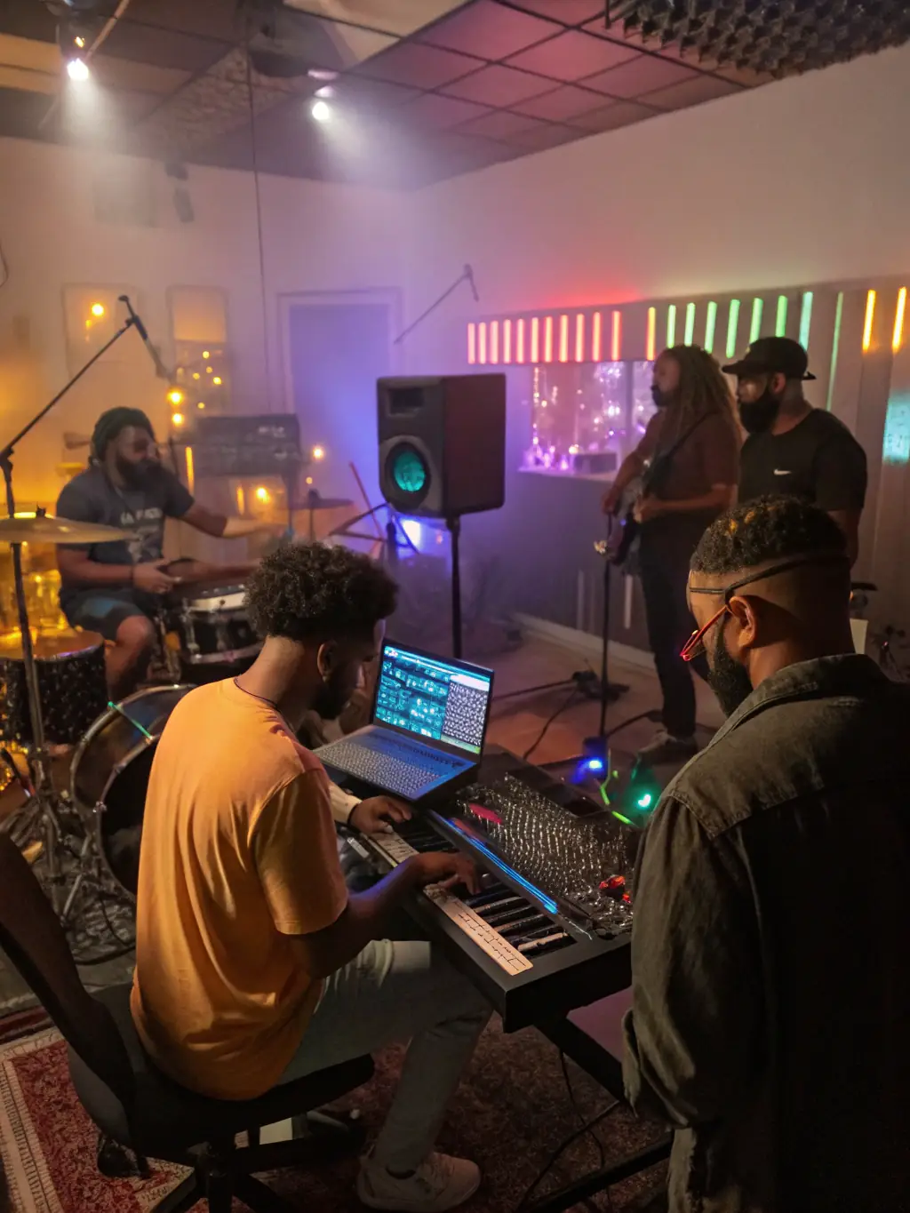 A photo of a music production workshop at BANANAS RECORDS, featuring participants of different ages learning about sound engineering and music creation from experienced professionals.