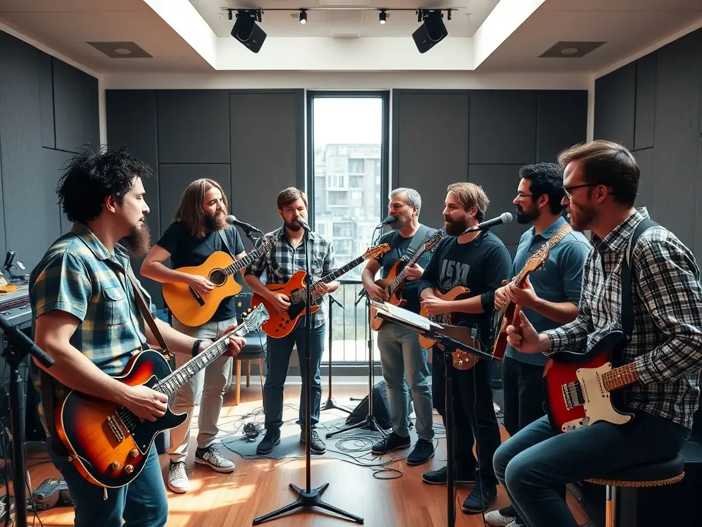 A vibrant image showcasing a diverse group of artists collaborating in a music production workshop, reflecting the community-focused aspect of BANANAS RECORDS' programs.