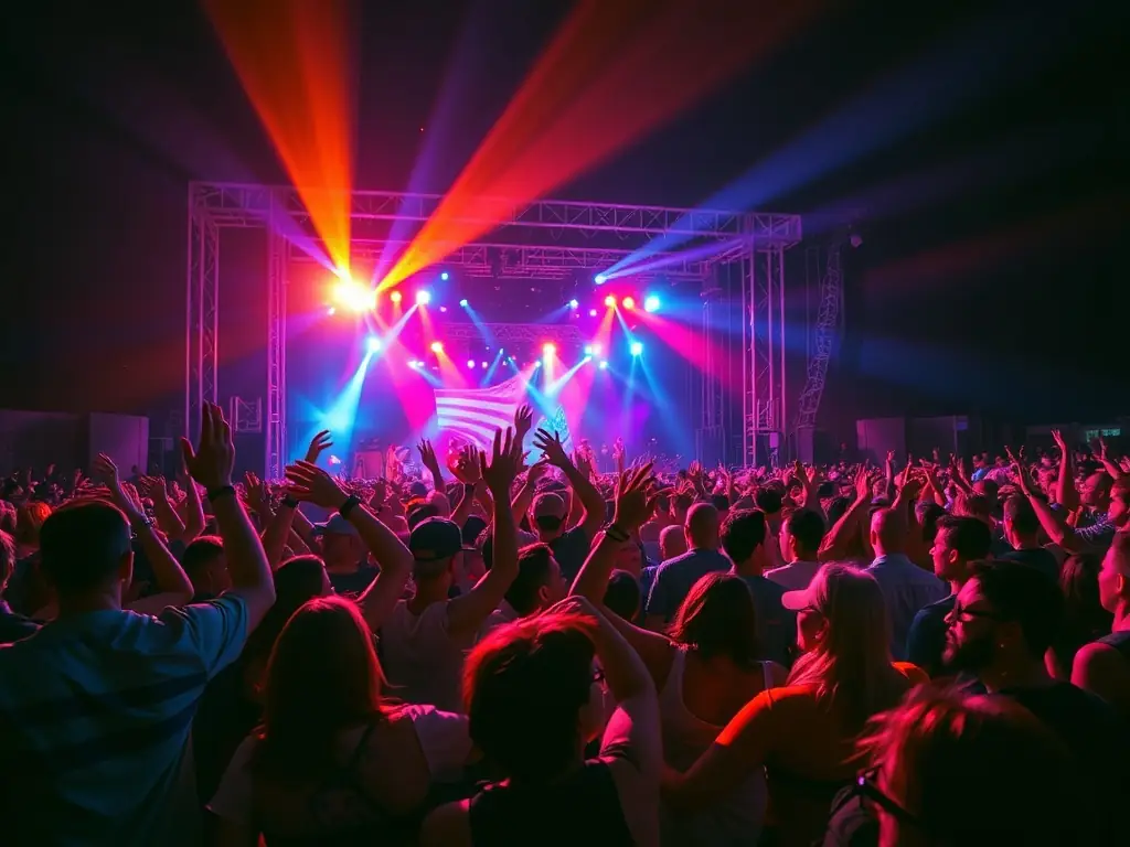 A dynamic image of a live music event organized by BANANAS RECORDS, featuring a diverse audience and performers, highlighting the organization's role in promoting cultural dynamism.