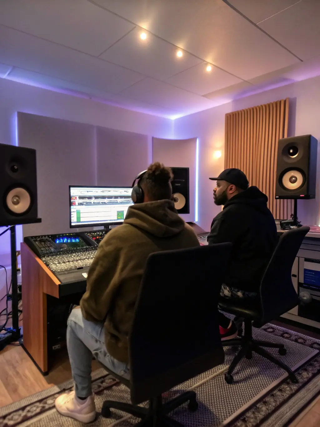 A young, aspiring musician receiving mentorship and guidance from an experienced producer at BANANAS RECORDS, highlighting the organization's support for emerging talent.