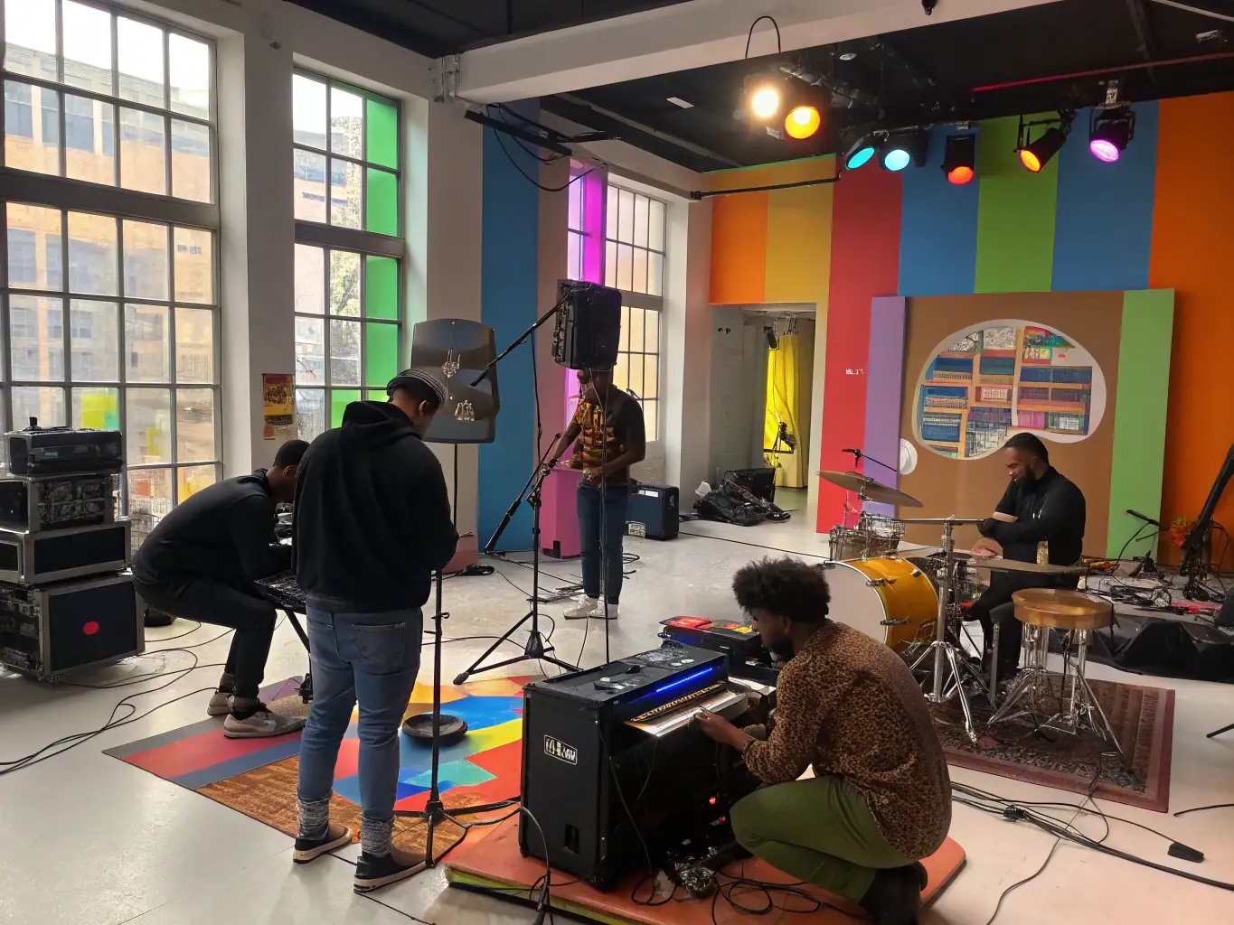 A vibrant image of a recording studio session, showcasing diverse artists collaborating on a music project, reflecting BANANAS RECORDS' commitment to supporting emerging talent.