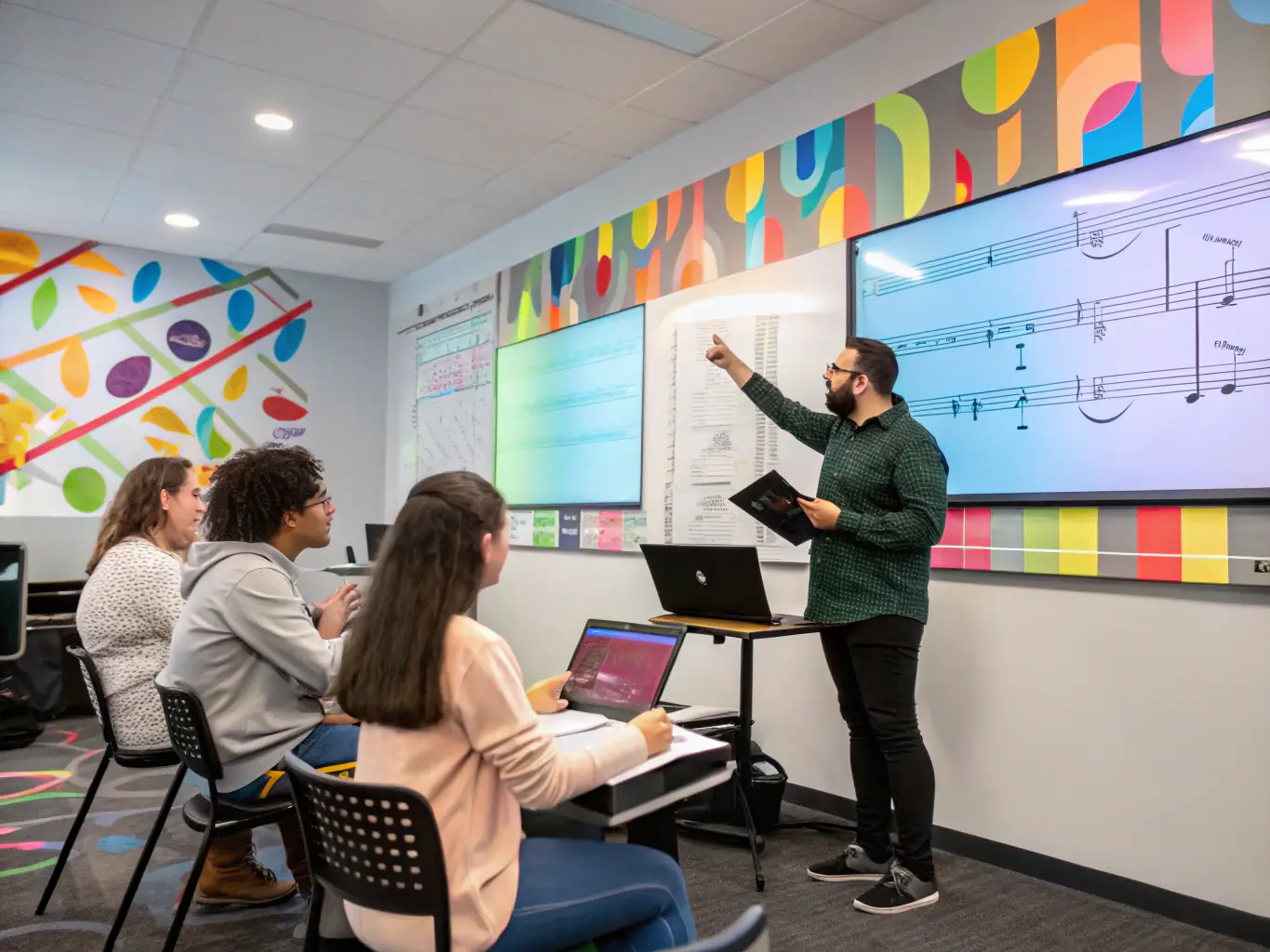 A photo of a workshop session at BANANAS RECORDS, where artists are learning about music business and marketing strategies.