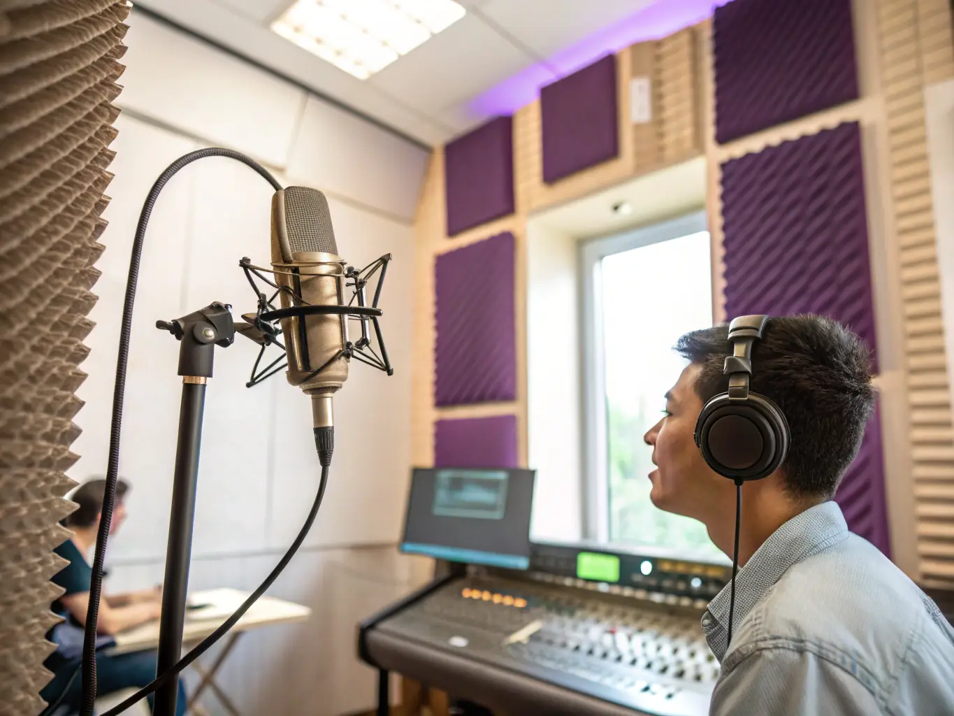 An image of a recording studio with artists and producers collaborating, capturing the creative process, showcasing the music production program.